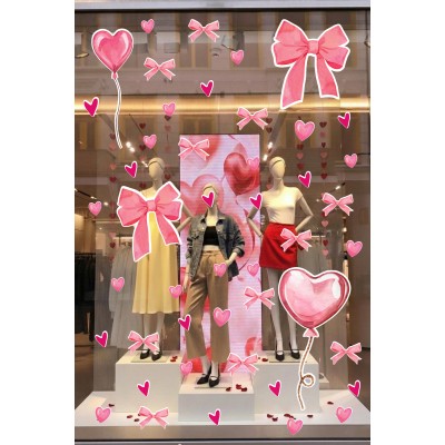 Pembe Kalp Balon Romantik Sticker Seti - Cam Mağaza Vitrin Duvar Süsleme Seti