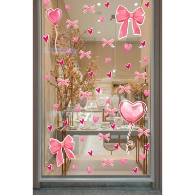 Pembe Kalp Balon Romantik Sticker Seti - Cam Mağaza Vitrin Duvar Süsleme Seti