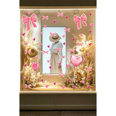 Pembe Kalp Balon Romantik Sticker Seti - Cam Mağaza Vitrin Duvar Süsleme Seti