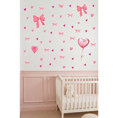 Pembe Kalp Balon Romantik Sticker Seti - Cam Mağaza Vitrin Duvar Süsleme Seti