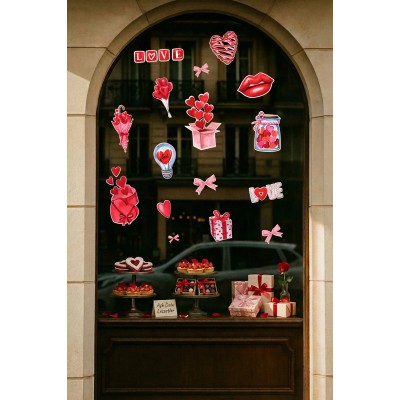 Hediye Kutusu & Kalpler Aşk Temalı Karışık Sticker Seti - Romantik Cam Kapı Duvar Vitrin Dekoru