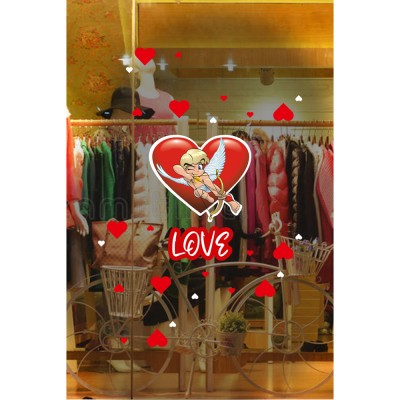 Aşk Tanrısı ve Kalpler 14 Şubat Sevgililer Günü LOVE Cam Vitrin Oda Stickerı 70 CM