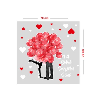 Balonlar İçinde Sevgililer Kalpler Sevgililer Günü Cam Vitrin Oda Stickerı 70 CM