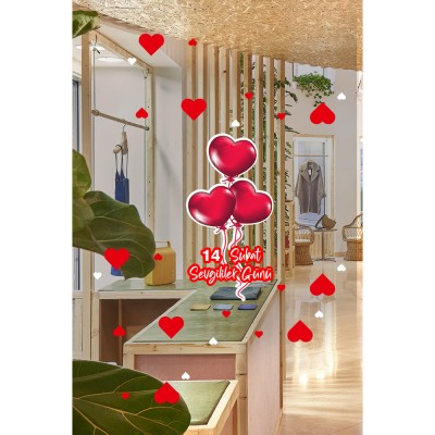 Balonlu Kalpler 14 Şubat Sevgililer Günü Cam Vitrin Oda Stickerı 70 CM