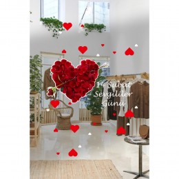 Gül Yaprakları ve Kalp, Sevgililer Günü Cam Vitrin Oda Stickerı 70 CM