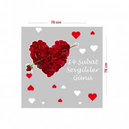 Gül Yaprakları ve Kalp, Sevgililer Günü Cam Vitrin Oda Stickerı 70 CM