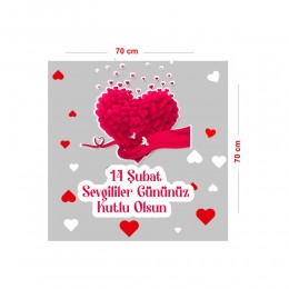 Kalp İçinde Kalpler Sevgililer Gününüz Kutlu Olsun Cam Vitrin Oda Stickerı 70 CM