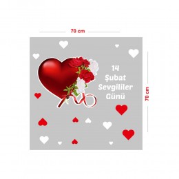 Kalp Üstünde Beyaz Kırmızı Gül Sevgililer Günü Cam Vitrin Oda Stickerı 70 CM
