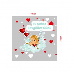 Sevimli Eros ve Kalpler Sevgililer Günü Cam Vitrin Oda Stickerı 70 CM