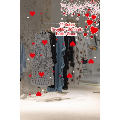 Uçuşan Küçüklü Büyüklü Kalpler 14 Şubat Sevgililer Gününüz Kutlu Olsun Cam Vitrin Oda Stickerı 70 CM