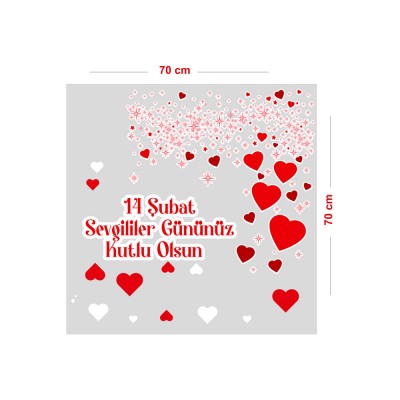 Uçuşan Küçüklü Büyüklü Kalpler 14 Şubat Sevgililer Gününüz Kutlu Olsun Cam Vitrin Oda Stickerı 70 CM