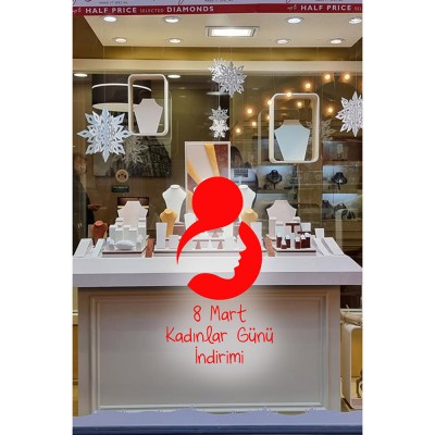 8 Mart Kadınlar Günü  İndirimi Yazısı Cam Vitrin Sticker 60cm