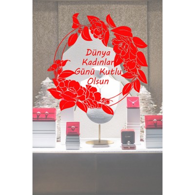 Güller ve 8 Mart Kadınlar Günü Kutlu Olsun Yazısı Cam Vitrin Stickerı 60cm