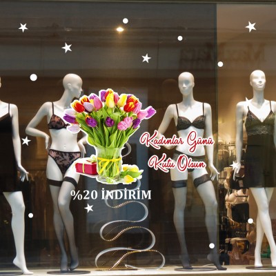 Laleler ve 8 Mart Kadınlar Günü Kutlu Olsun İndirim Yazısı Cam Vitrin Stickerı