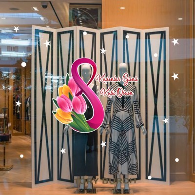 Laleler ve 8 Mart Kadınlar Günü Kutlu Olsun Yazısı Cam Vitrin Stickerı