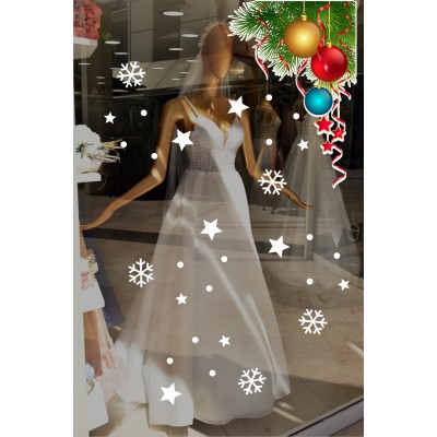 Yukarıdan Aşağıya Salınan Yılbaşı Çok Renkli Top Süslemesi ve Kar Tanesi Yılbaşı Stickerları