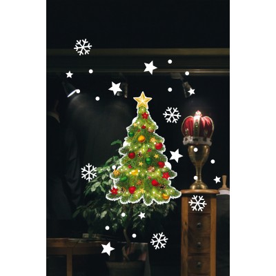 Renkli Süslenmiş Çam Ağacı ,Yıldızlar Yılbaşı Süslemeleri ve Kar Tanesi Yılbaşı Stickerları