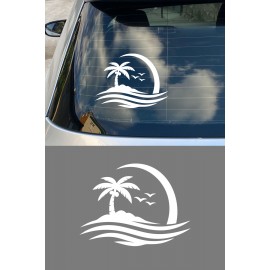 Palmiye Ada Oto Sticker - Tropik Ada Araç Cam Sticker - Yaz Temalı Araba Sticker 15x11cm