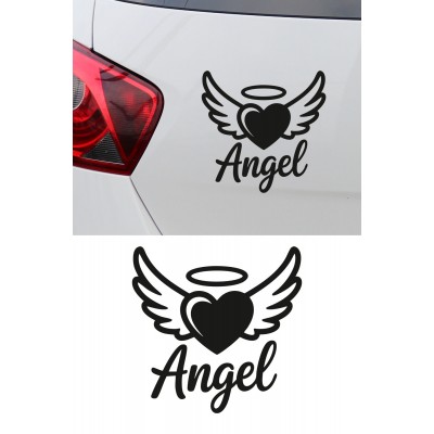 Kanatlı Kalp Sticker - Angel Yazılı Oto Sticker - Araba Motor Kask Sticker 15x15cm