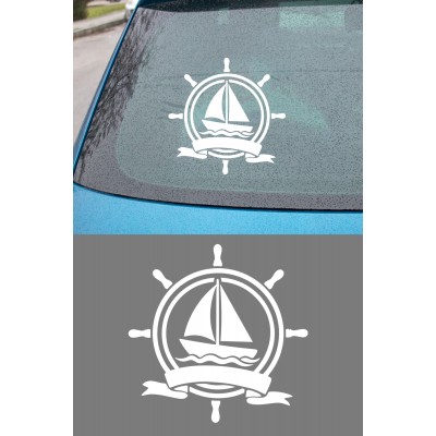Yelkenli ve Gemi Dümeni Oto Sticker - Denizci Tarzı Araç Sticker 15x15cm
