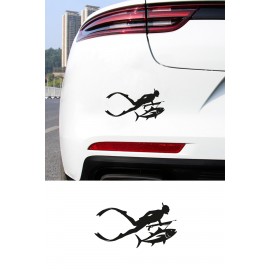 Dalgıç Temalı Oto Stickerı - Balık ve Dalgıç Figürlü Çıkartma - Araba Motor Sticker 15x8cm