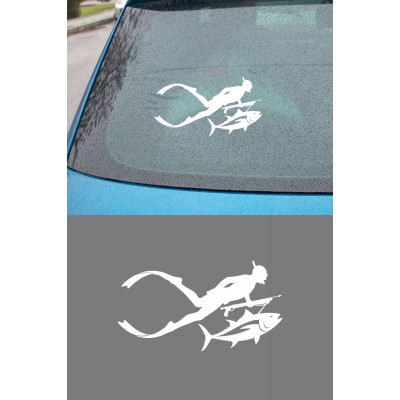 Dalgıç Temalı Oto Stickerı - Balık ve Dalgıç Figürlü Çıkartma - Araba Motor Sticker 15x8cm