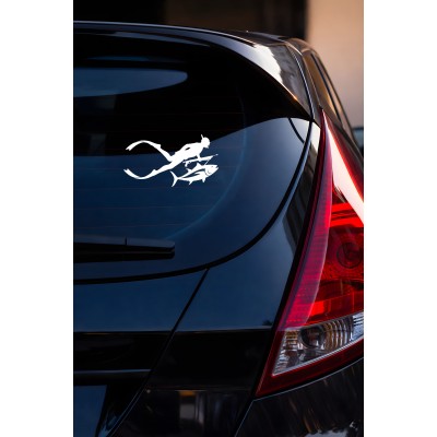 Dalgıç Temalı Oto Stickerı - Balık ve Dalgıç Figürlü Çıkartma - Araba Motor Sticker 15x8cm