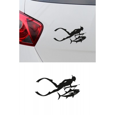 Dalgıç Temalı Oto Stickerı - Balık ve Dalgıç Figürlü Çıkartma - Araba Motor Sticker 15x8cm