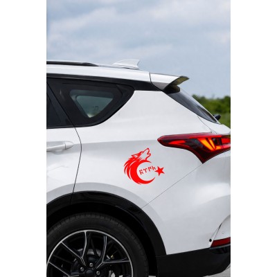Türk Motifli Bozkurt Ay Yıldız Sticker - Türk Bayrağı Araba Motor Sticker 15x13cm