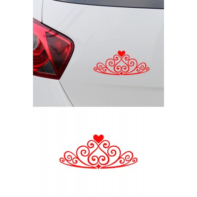 Prenses Taç Oto Sticker - Kalpli Taç Araç Cam Sticker 15x7cm