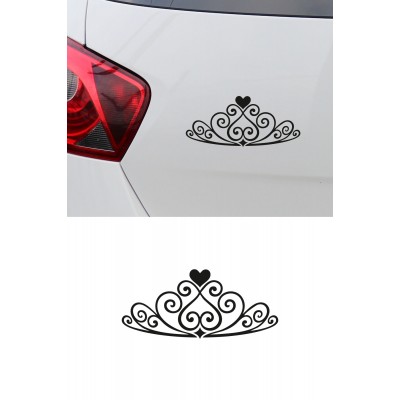 Prenses Taç Oto Sticker - Kalpli Taç Araç Cam Sticker 15x7cm