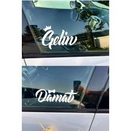 "Gelin & Damat" Yazılı Taçlı Papyonlu Araba Cam Stickerı - Düğün Arabası Cam Sticker Seti - Gelin Damat Yazılı Çıkartma 20cm