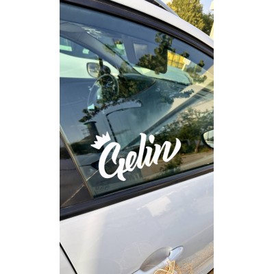 "Gelin & Damat" Yazılı Taçlı Papyonlu Araba Cam Stickerı - Düğün Arabası Cam Sticker Seti - Gelin Damat Yazılı Çıkartma 20cm