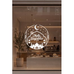 Mutlu Bayramlar Cam Vitrin Sticker – Bayram Temalı Mağaza Vitrin Süsü