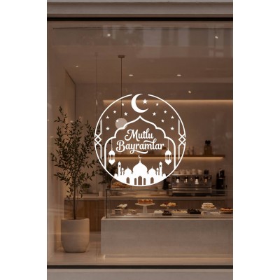 Mutlu Bayramlar Cam Vitrin Sticker – Bayram Temalı Mağaza Vitrin Süsü