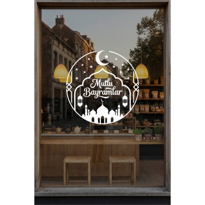 Mutlu Bayramlar Cam Vitrin Sticker – Bayram Temalı Mağaza Vitrin Süsü