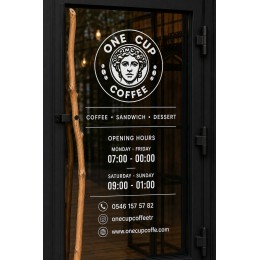 Kafe ve Restoranlar İçin Çalışma Saatleri Cam Sticker – QR Kodlu Vitrin Yazısı – İşletme Cam Dekoru