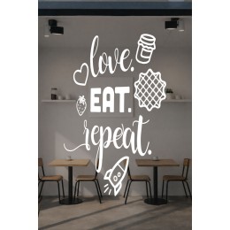 Love Eat Repeat Yazılı Cam Sticker Seti – Kafe Duvar & Vitrin Dekoru – Tatlı & Kahve Temalı Sticker