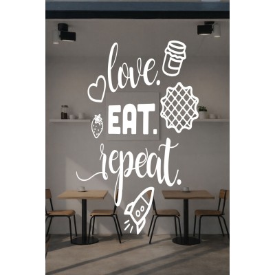Love Eat Repeat Yazılı Cam Sticker Seti – Kafe Duvar & Vitrin Dekoru – Tatlı & Kahve Temalı Sticker
