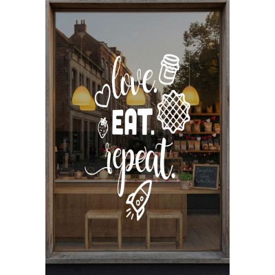 Love Eat Repeat Yazılı Cam Sticker Seti – Kafe Duvar & Vitrin Dekoru – Tatlı & Kahve Temalı Sticker