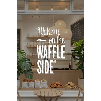 Wake Up on the Waffle Side Yazılı Cam Sticker – Kafe & Tatlıcı Duvar Dekoru – Waffle Temalı Yazı Sticker