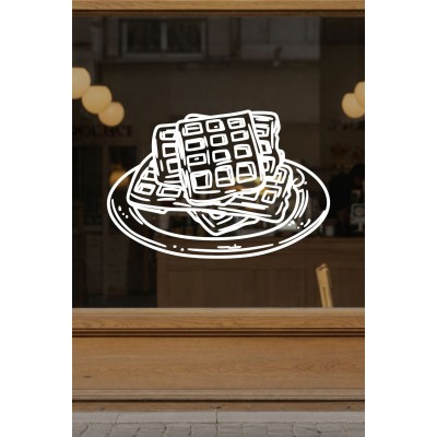 Kafe & Pastane Vitrin Sticker – Tabakta Waffle Tatlı Çizim Cam Dekoru