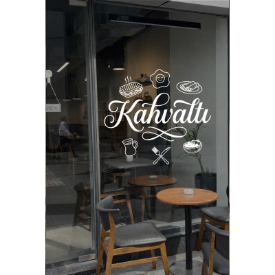 Kahvaltı Yazılı Kafe Duvar Sticker – Tost Yumurta Çay İkonlu Restoran Vinil Çıkartma
