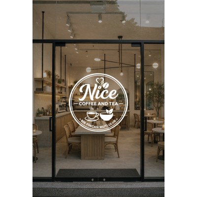 Kişiye Özel Kafe Logo Sticker - Kafe Dekorasyonu - İşletme Logosu Sticker - Kafe Vitrin & Duvar Çıkartması
