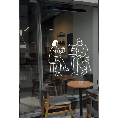 Kafede Oturan Çift Vitrin Sticker – Kafe Vitrin & Duvar Çıkartması – Kafe Vitrin Dekorasyonu