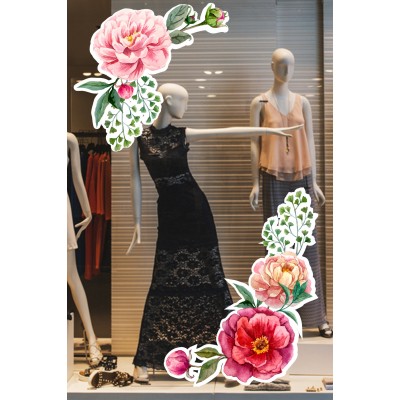 Sulu Boya Efektli Pembe ve Kırmızı Gül Renkli Vitrin Cam Stickerı