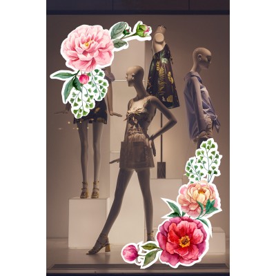 Sulu Boya Efektli Pembe ve Kırmızı Gül Renkli Vitrin Cam Stickerı