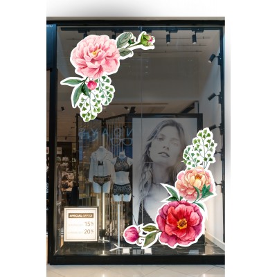 Sulu Boya Efektli Pembe ve Kırmızı Gül Renkli Vitrin Cam Stickerı