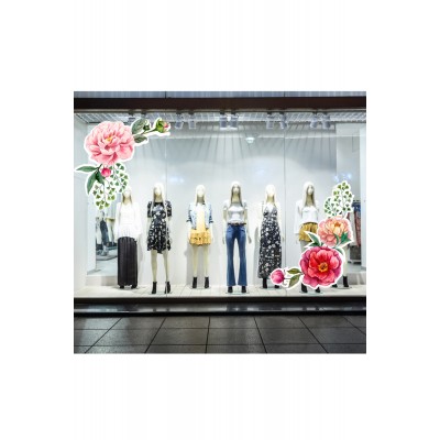 Sulu Boya Efektli Pembe ve Kırmızı Gül Renkli Vitrin Cam Stickerı