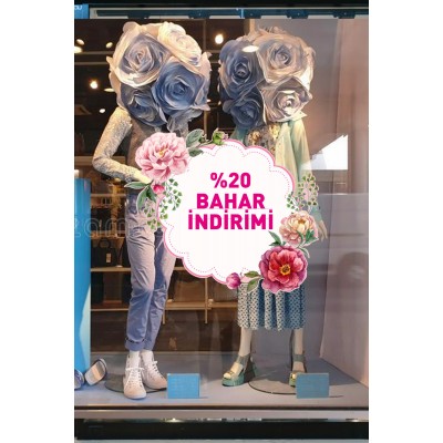 Çiçekler ve %20 Bahar İndirimi Yazısı Mağaza Vitrin Cam Stickerı